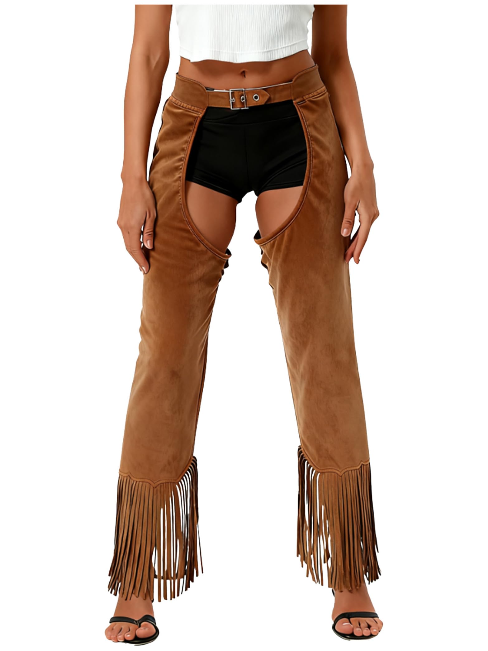 Kvysinly Womens Cowgirls Chaps Costume Faux Suede Fringed Hollow Out Pants Riding Trousers Brown M