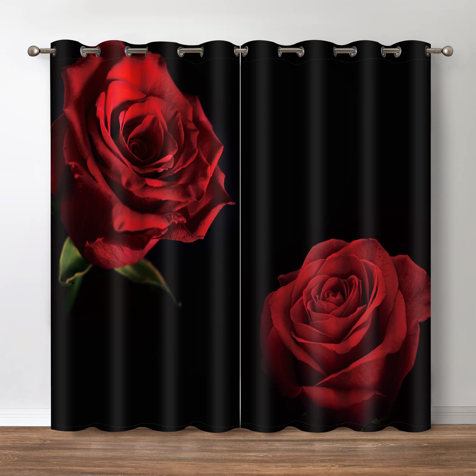 Jekeno Red Rose Floral Blackout Curtains - Romantic Black Red Roses Flower Theme Print Drapes Decor Home Apartment Bedroom Living Room Darkening