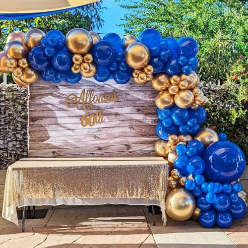 Image of YMSZ Royal Blue and Gold Balloons Garland Arch Kit, 134pcs Metallic Gold and Blue Balloons for Birthday, Baby Shower, Anniversary, Graduation Party Decorations