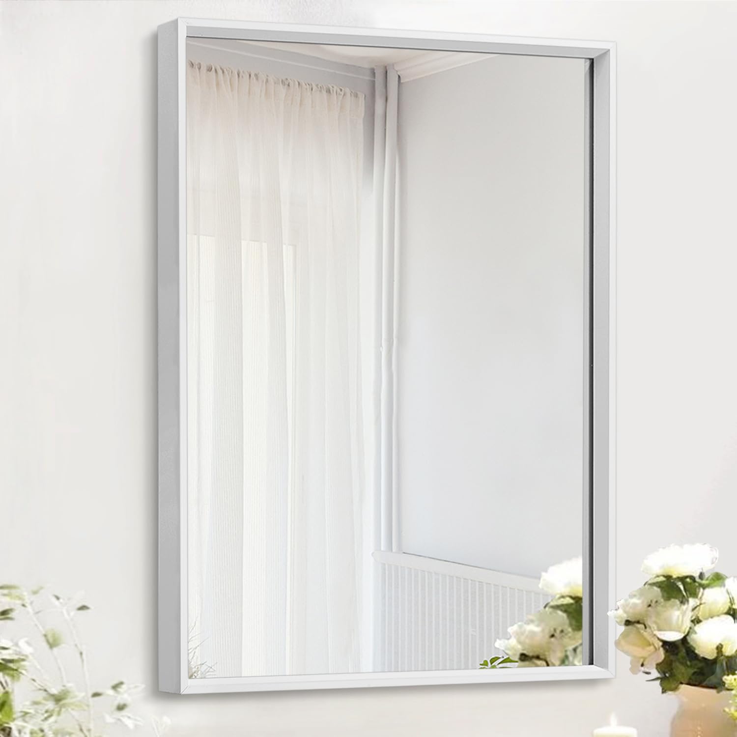 AAZZKANG Mirrors for Wall Rectangular Metal Frame Mirror Farmhouse Bathroom Bedroom Hanging Mirror Wall Decor White Small