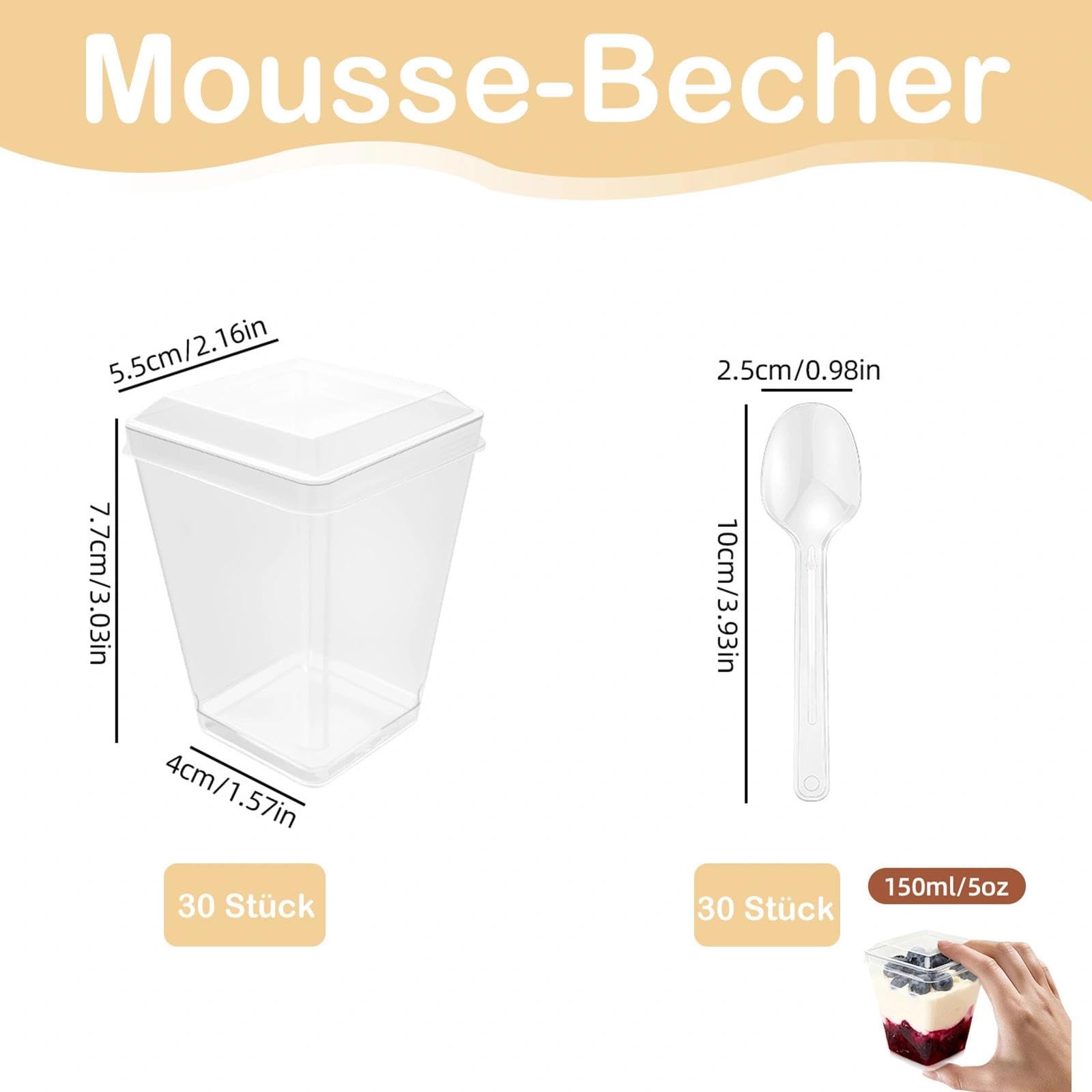 Hsxfl 30 vasos de postre de plástico, 150 ml, vasos de postre de plástico con cucharas, cuencos de postre transparentes, reutilizables, tazas de postre cuadradas para el hogar, postres, pudin