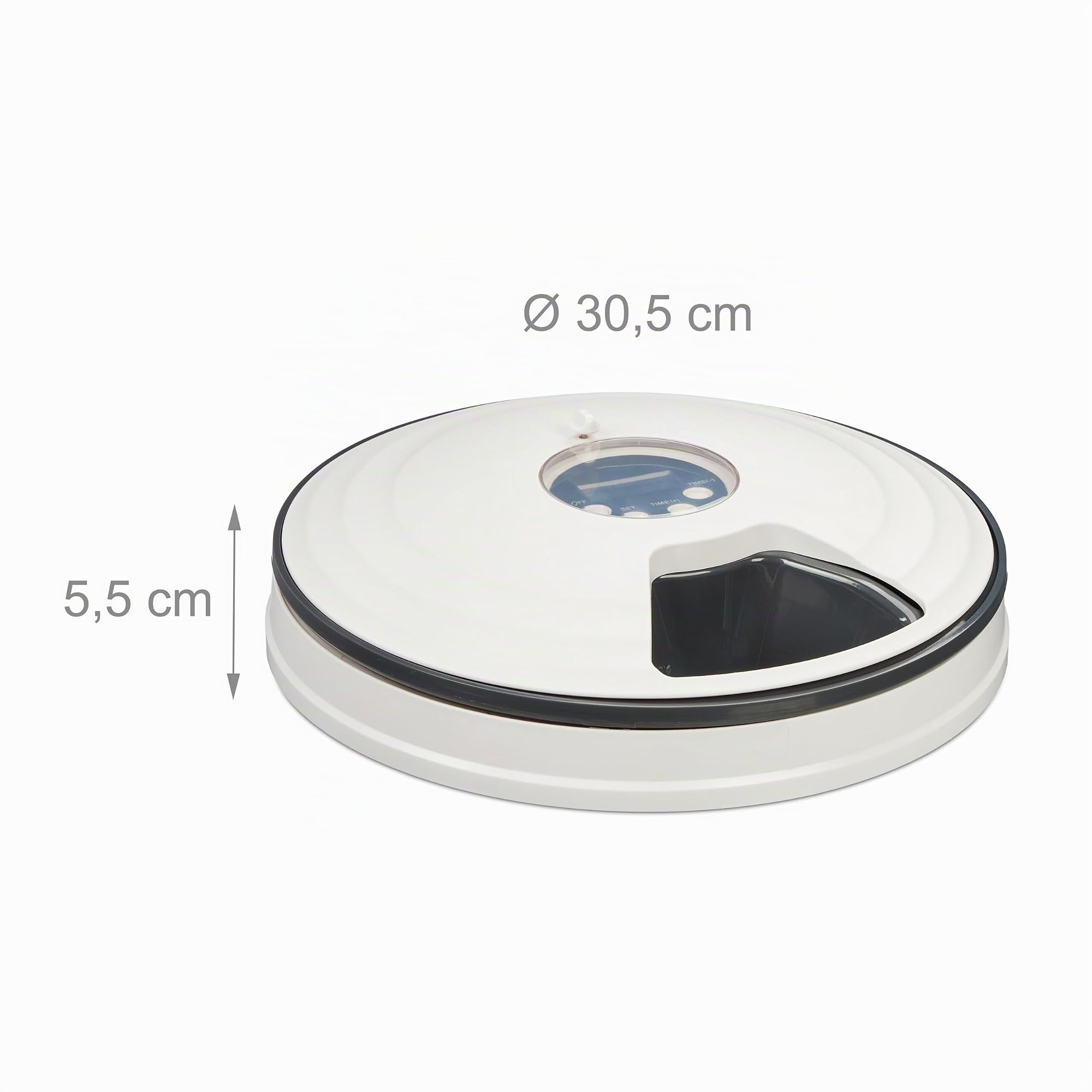 Relaxdays Distributeur Automatique pour Chat, Jusqu’à 6 portions, HxD : 5,5x30,5 cm, gamelle programmable, Blanc - Gris