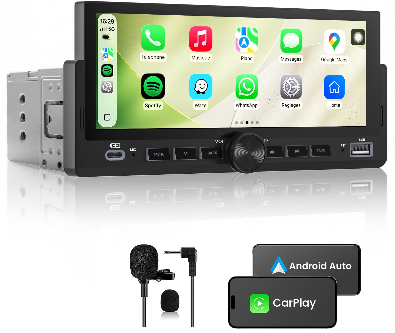 Autoradio 1 DIN, CarPlay Voiture & Android Auto sans Fil, Poste Radio Bluetooth Main Libre, Écran Tactile, Navigation GPS, Contrôle Vocal, AUX/FM, MirrorLink, USB Type-C (6,86")