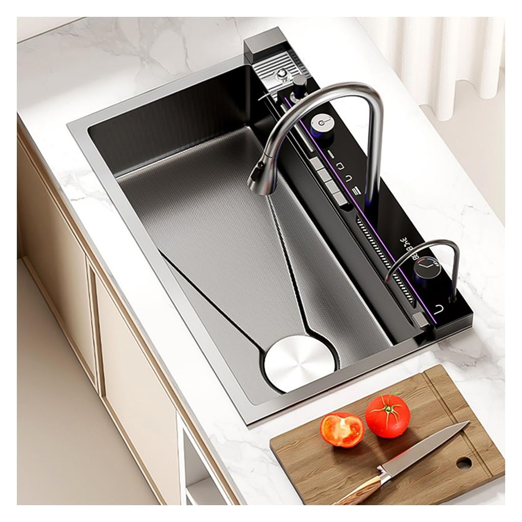 ZQFHSX Multifunctional Kitchen Workstation Sink With Pull Out Faucet, Cup Washer, Drinking Tap & Drain Kits, Waterfall RV Sink, Single Bowl Bar Large Farmhouse Sink(Black,80x46x22cm)