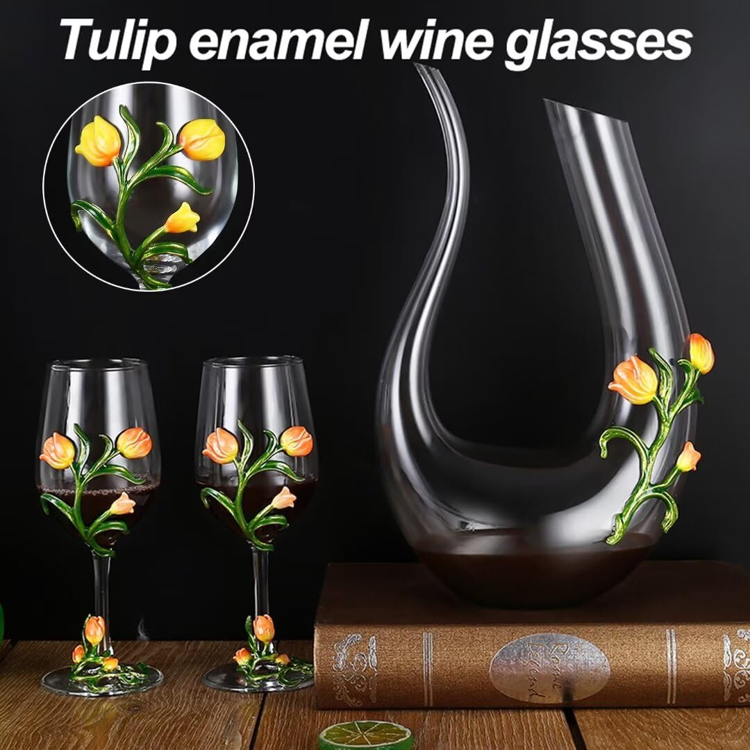 Karafka do wina, 350 ml emaliowany kryształowy kieliszek bezołowiowy, dekoracyjny zestaw upominkowy z długim uchwytem, elegancki kieliszek ślubny (1 szt.)