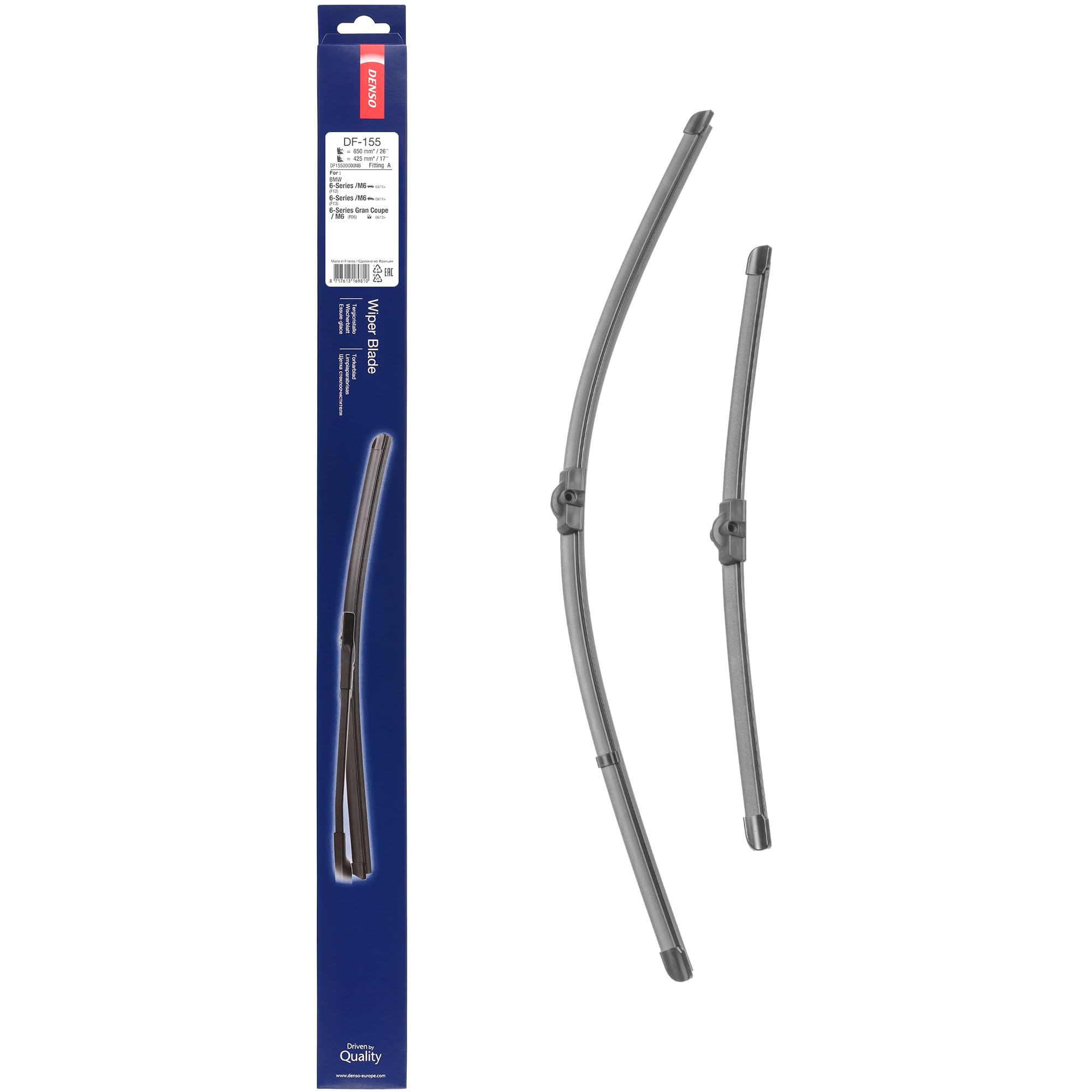 Kit de Escobillas Limpiaparabrisas Planas DENSO (DF-155), 2 Unidades 650/425mm – Silenciosas y Duraderas con Diseño Aerodinámico – Escobillas Limpiaparabrisas OEM