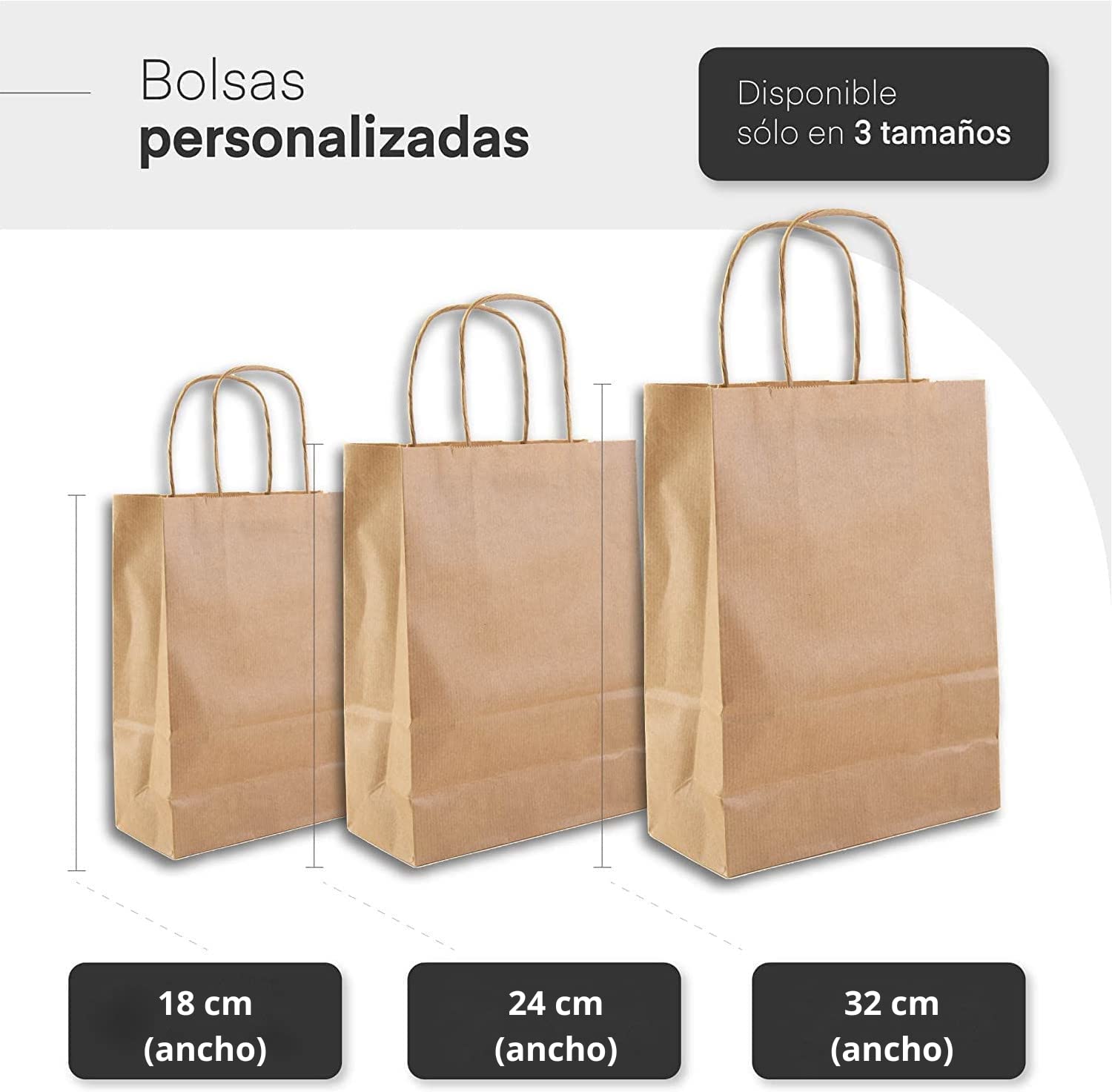 100 Bolsas papel kraft personalizadas | Bolsas con asas rizadas y resistentes | Bolsa de papel personalizable con el logo de tu negocio