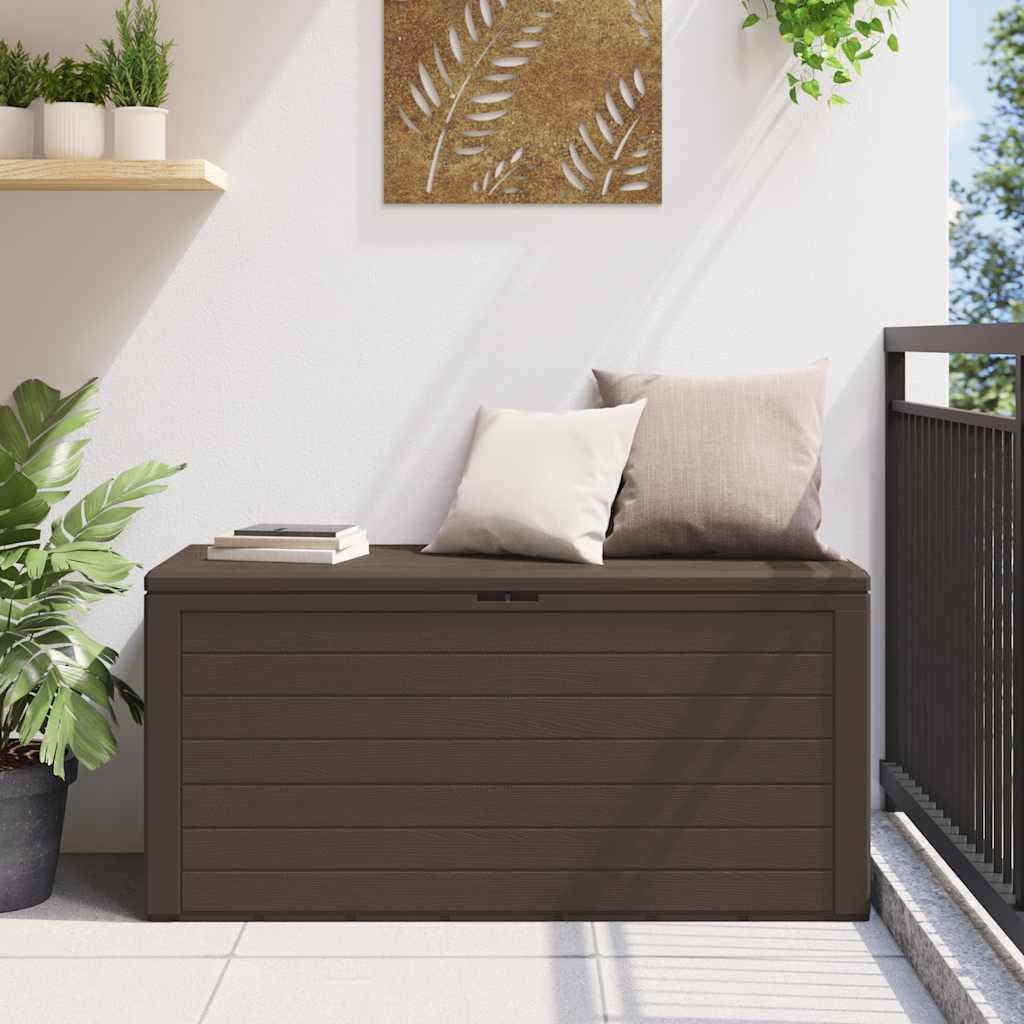 Scatola portaoggetti da giardino marrone 116 x 44 x 55 cm in polipropilene, capiente contenitore esterno per cuscini, cuscini e coperte, design senza tempo per terrazza