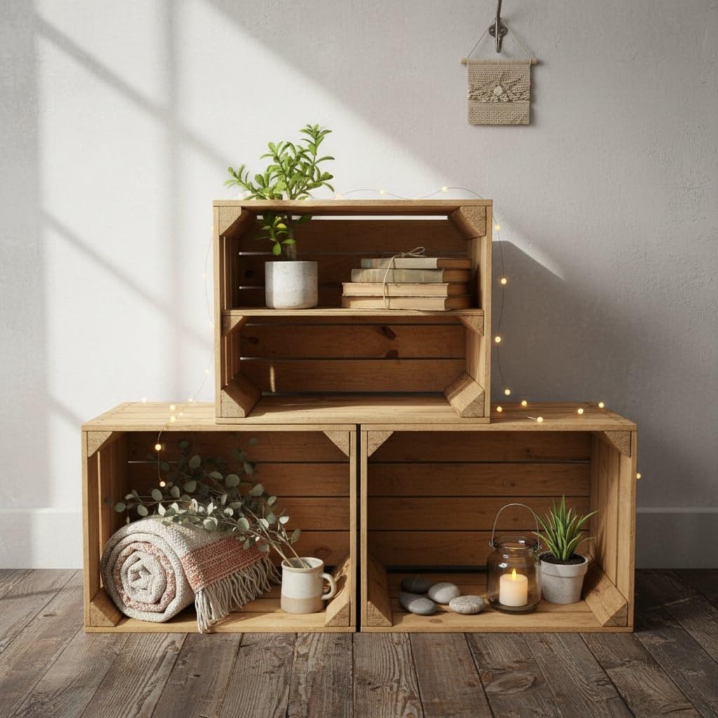 teramico Lot de 3 caisses en Bois Vintage d'occasion - Caisses à Fruits/vin d'origine de la Culture fruitière avec Compartiment de Rangement - 50 x 40