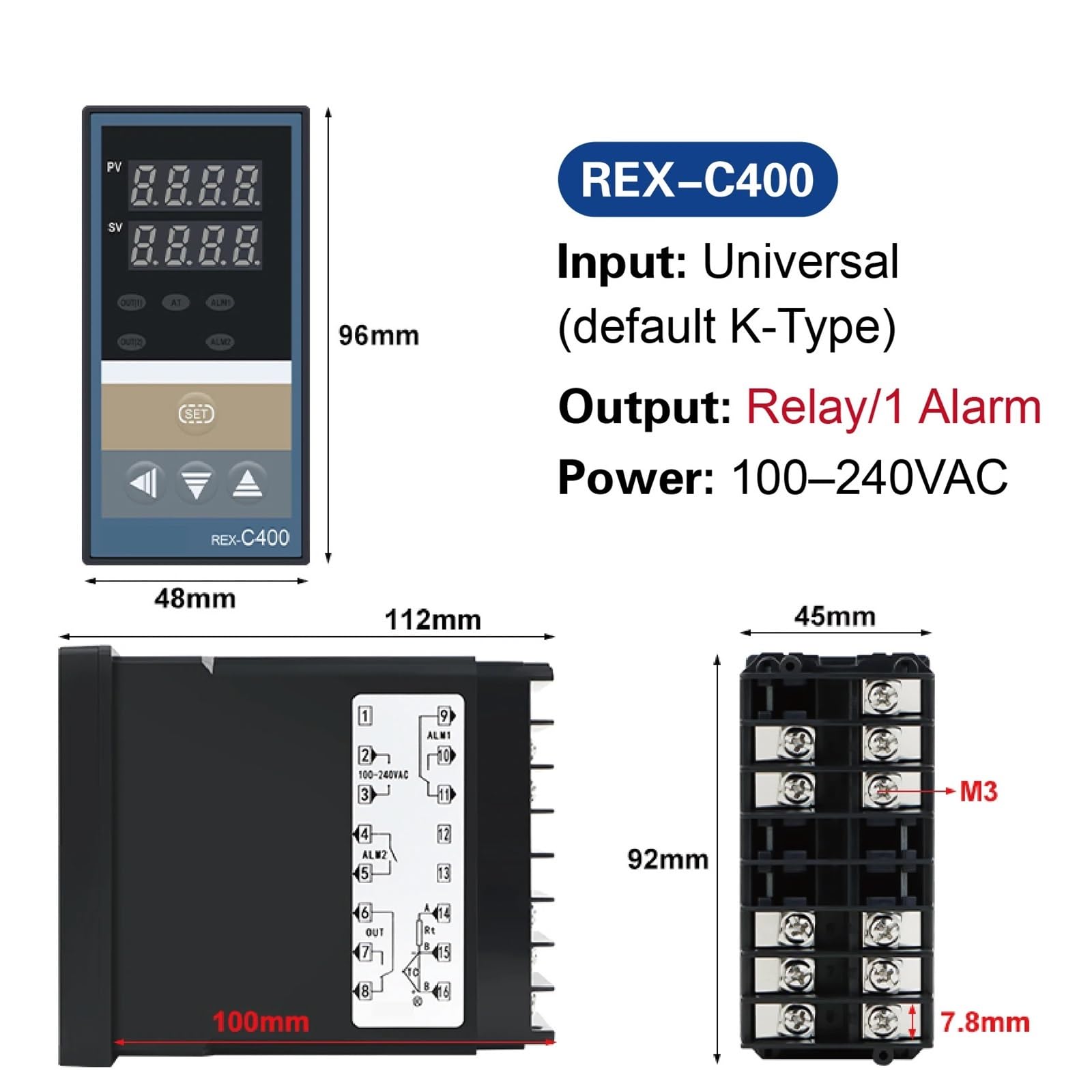 REX-C400 cyfrowy regulator temperatury PID, 4-20 mA, uniwersalne wejście SSR, wyjście przekaźnikowe, termostat przemysłowy 48 x 96 mm (C400 MAN)