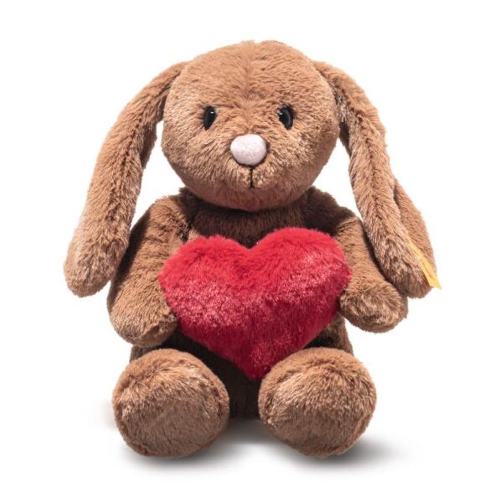 Steiff Hoppie Rabbit with Heart, 16 cm, Brown, Plush Toy Rabbit with Floppy Ears, Soft Cuddly Friends, Fluffy Stuffed Toy for Cuddling and Playing, Cuddly Toy for Girls and Boys, Machine Washable