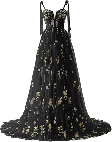 SUOLUOS Vestidos de fiesta de tul con mangas abullonadas para mujer vestidos de fiesta de noche formales con bordado de flores