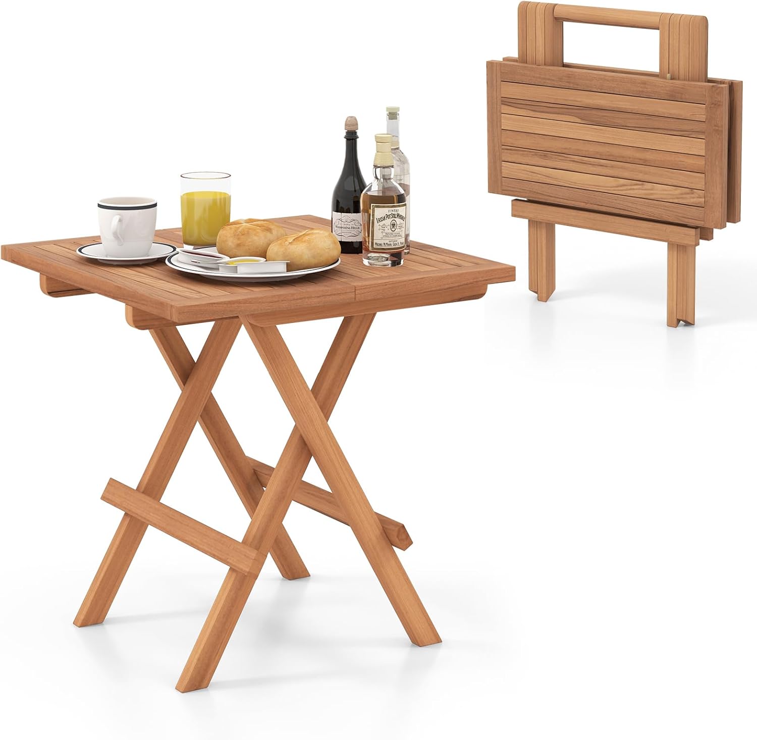 HAPPYGRILL Square Folding Patio Side Table, Teak Wood Dining Table with Slatted