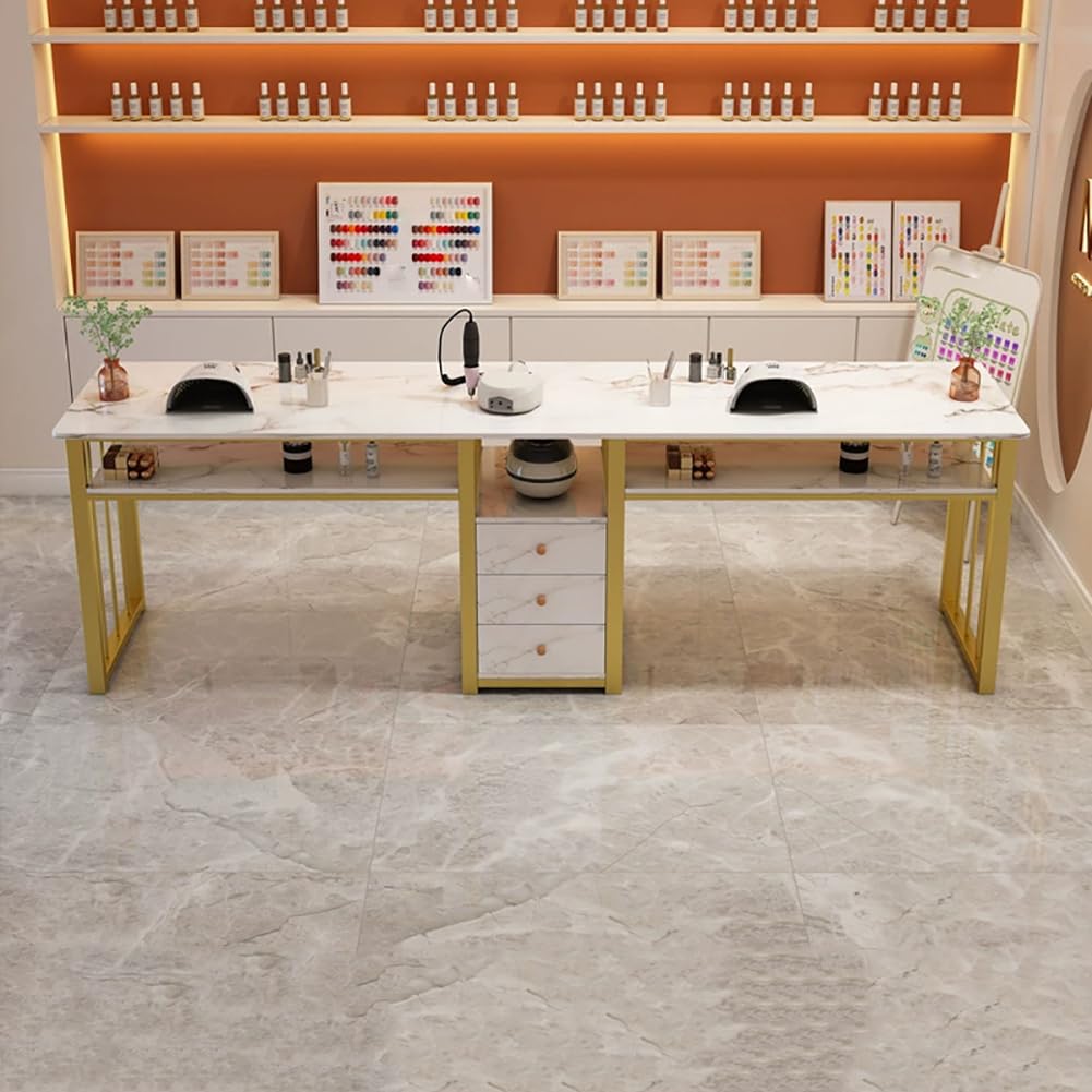 Mesa De Manicura Para Varias Personas, Escritorio De Manicura Con Textura Marmolada Y 3 Cajones, Estructura De Acero, Diseño De Almacenamiento De Doble Capa, Mobiliario De Salón.,160cm