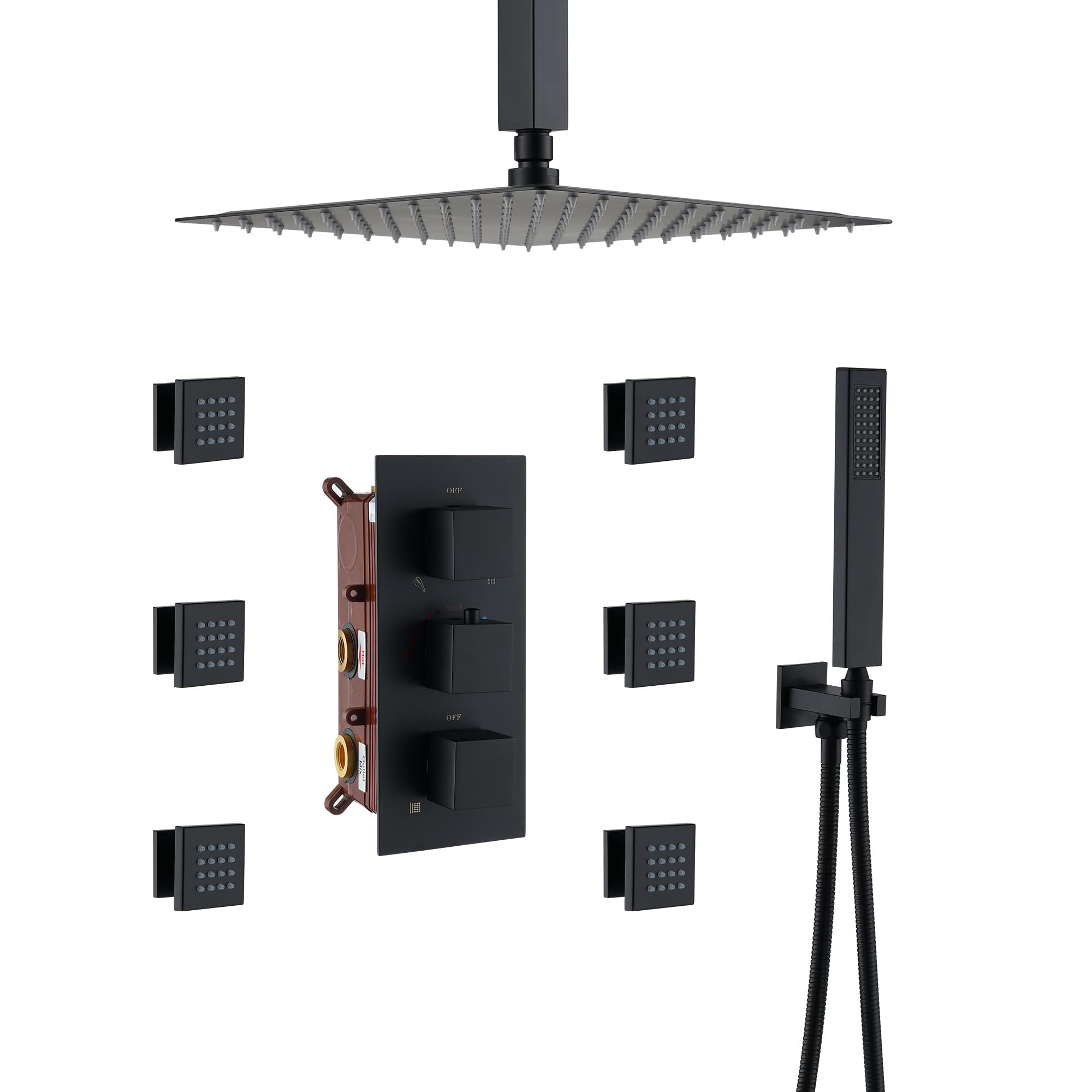 MONDAWE Matte Black Thermostatic Shower System with 6 Body Jets, Rain