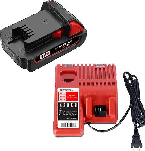 SKYON Paquete de 2 baterías y cargador de 18V 4Ah 72Wh 48-11-1820 compatible con Milwaukee 18V M-18 48-11-1820 2.0Ah 36Wh 48-11-1815 1.5Ah 27Wh 18V