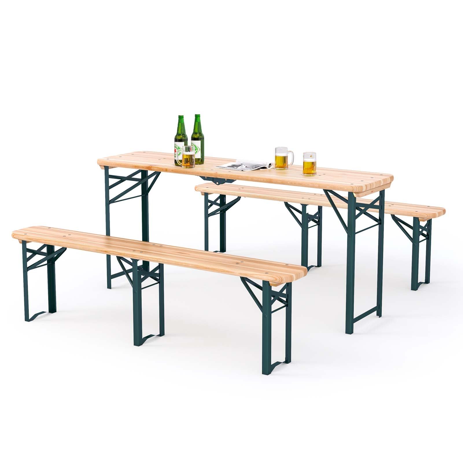Warmiehomy 167CM Folding Camping Garden Picnic Table and Bench Set, Portable Outdoor Wooden Trestle Beer Table and Bench, 3pcs Outdoor Furniture Set for Patio Yard Party BBQ