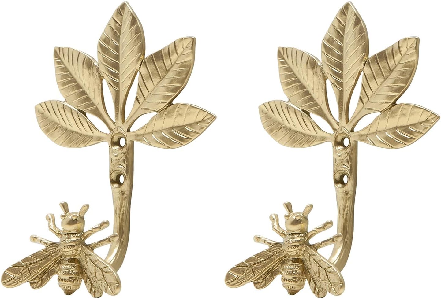 SOFFEE DESIGN Set of 2 Wall Mounted Metal Coat Hooks, Gold Bee Leaf Hanging Rack Hooks for Entryway, Bathroom, Bedroom Farmhouse Decoration