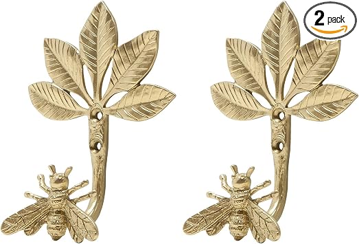 SOFFEE DESIGN Set of 2 Wall Mounted Metal Coat Hooks, Gold Bee Leaf Hanging Rack Hooks for Entryway, Bathroom, Bedroom Farmhouse Decoration