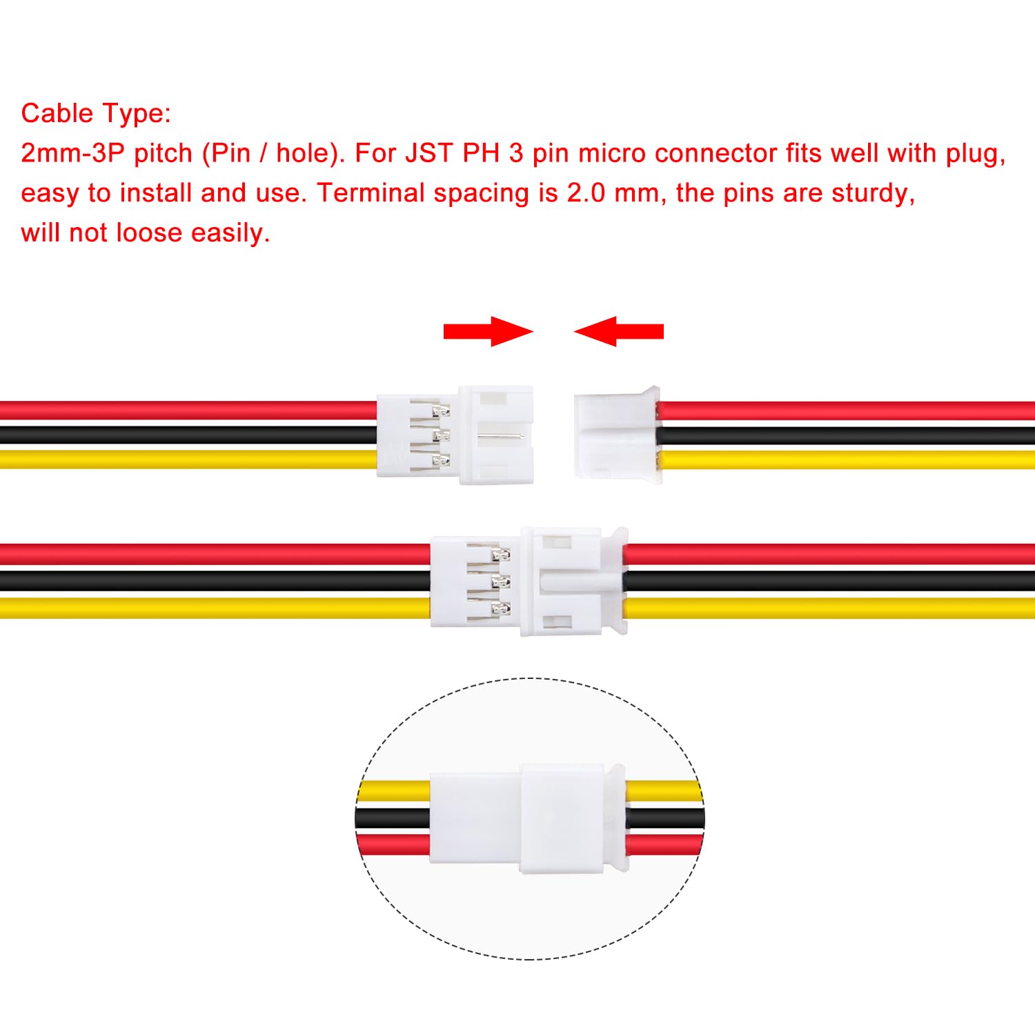 Lyeteung 20 works Mini Micro JST-PH 2.0 Plug Connector, JST 3 Pin Micro Electrical Male and Female Connector Plug Wire Cable - Image 4