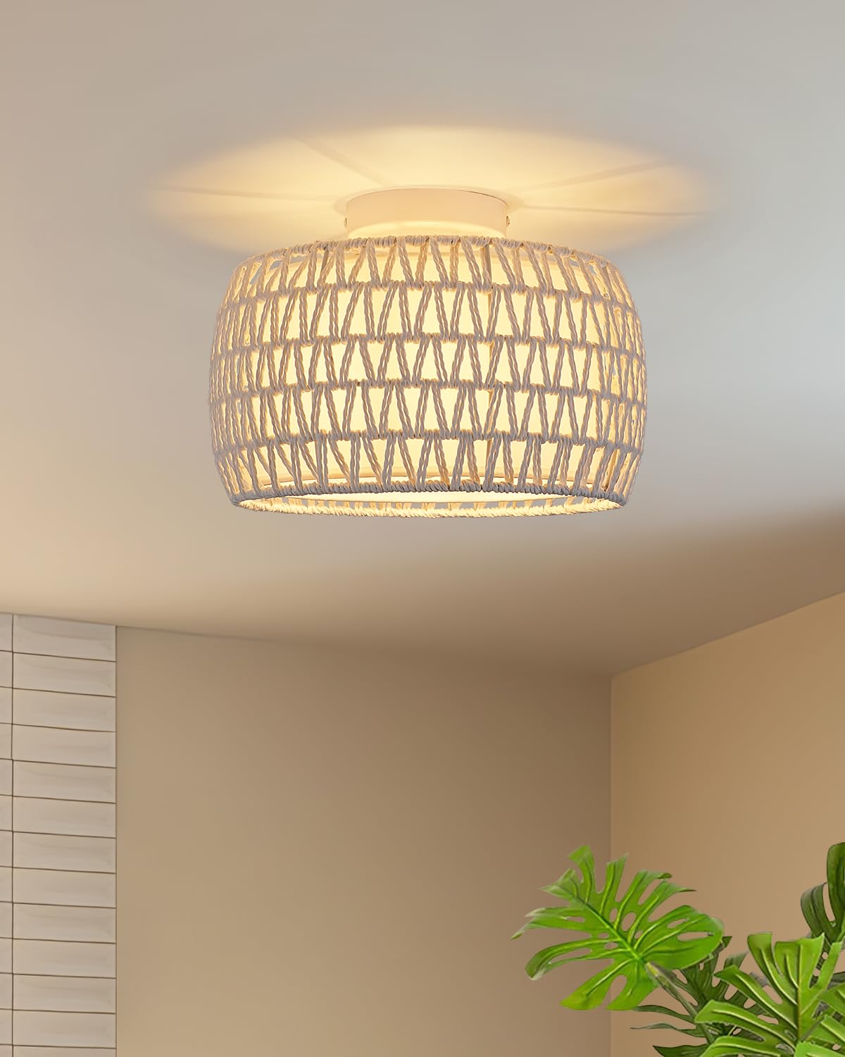 WILON White Rattan Semi Flush Mount Ceiling Light Fixture, 1-Light Boho Light Fixtures with Fabric Shade, Modern Hand-Woven Drum Ceiling Lamp for Hallway Entryway Living Room Bedroom Hall Nursery