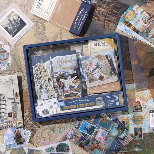Image of GKN Scrapbook Kit 346 Pcs - Vintage Journal & Art Journaling Supplies, DIY Stickers, Planner & Craft Kit, Aesthetic Collage Album (Blue Global Travel)