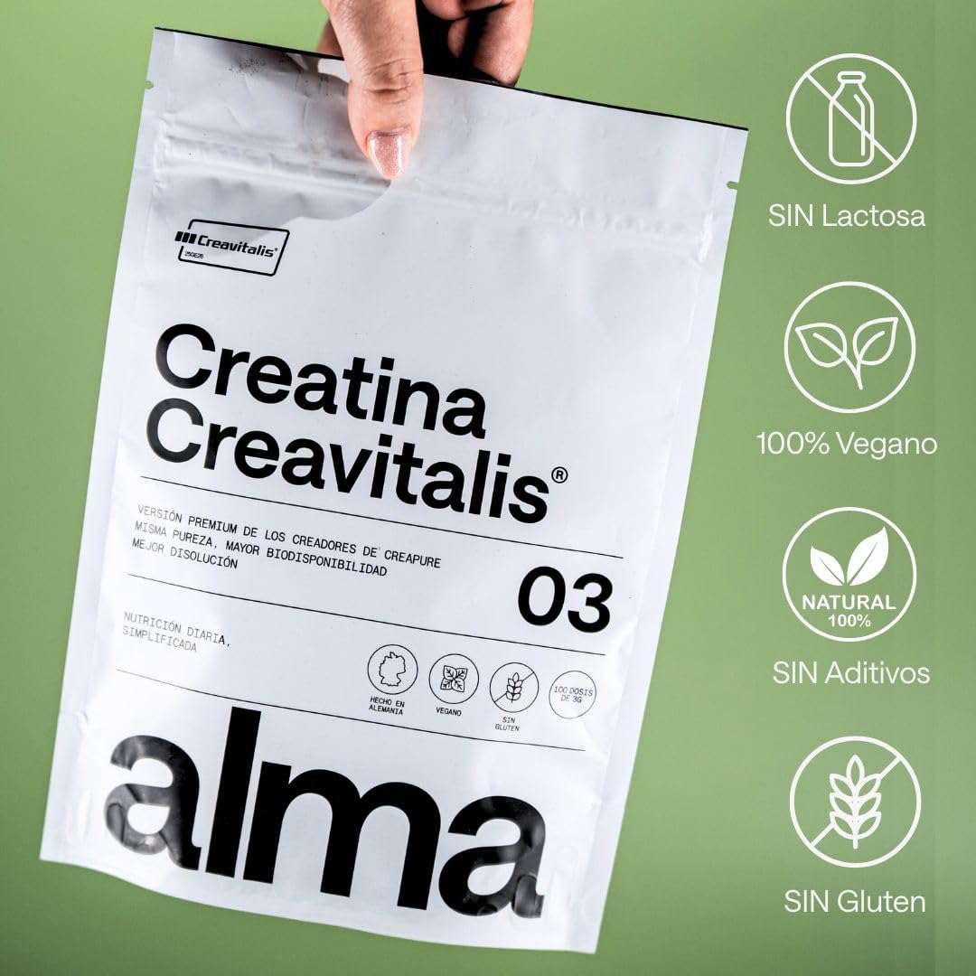 Creatina Monohidratada Creavitalis® ALMA® 600 g | Creatina Creapure Monohidrato en Polvo 99,9% Pureza Premium | Vegana, Sin Gluten ni Lactosa | 200 Dosis Disolución Instantánea | Fabricada en Alemania - 3