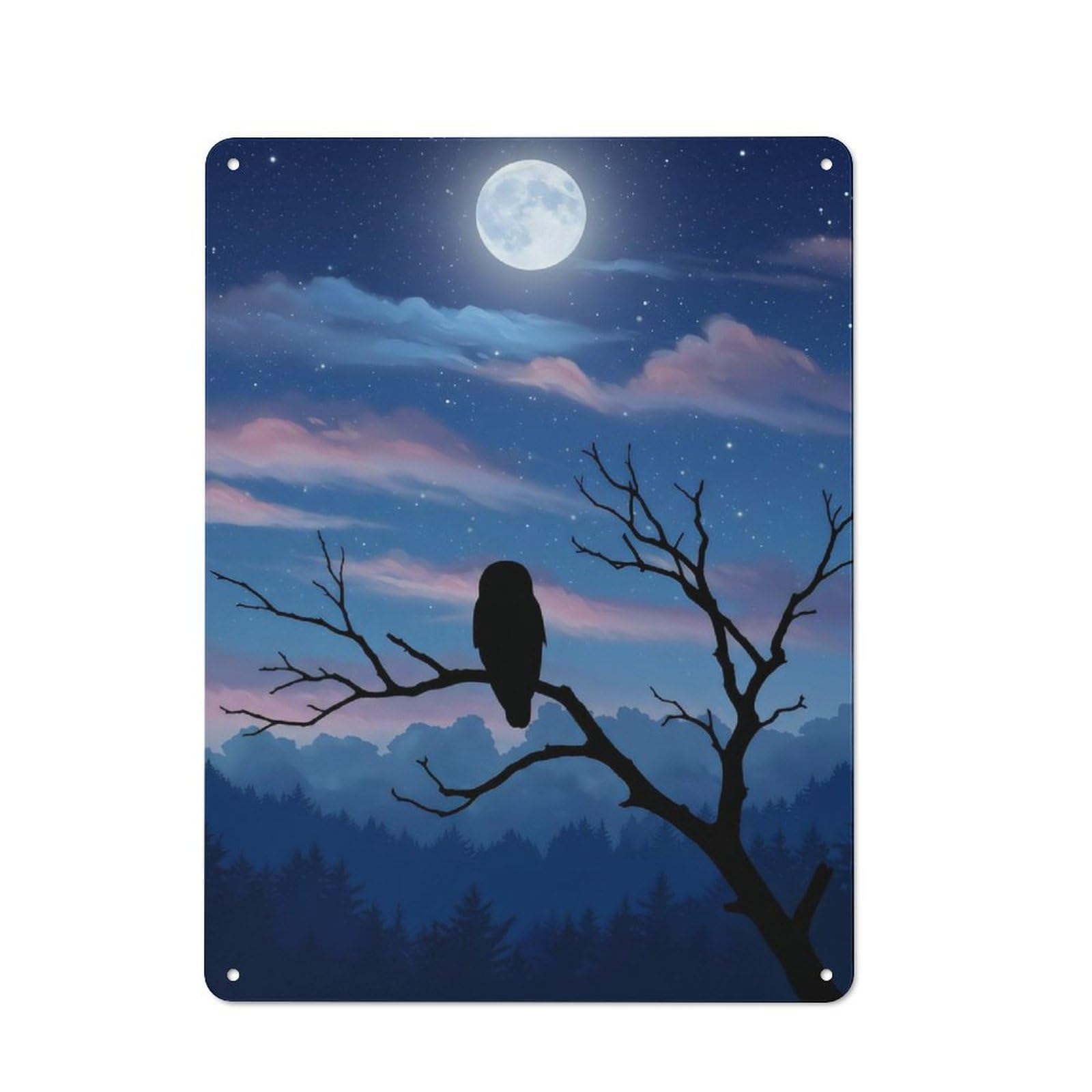 Junmoney Owl Under Moonlight Decorative Metal Sign 40X30cm, Creative Studio Wall Plaque For Hobby Room, Office, Lounge Or Living Room