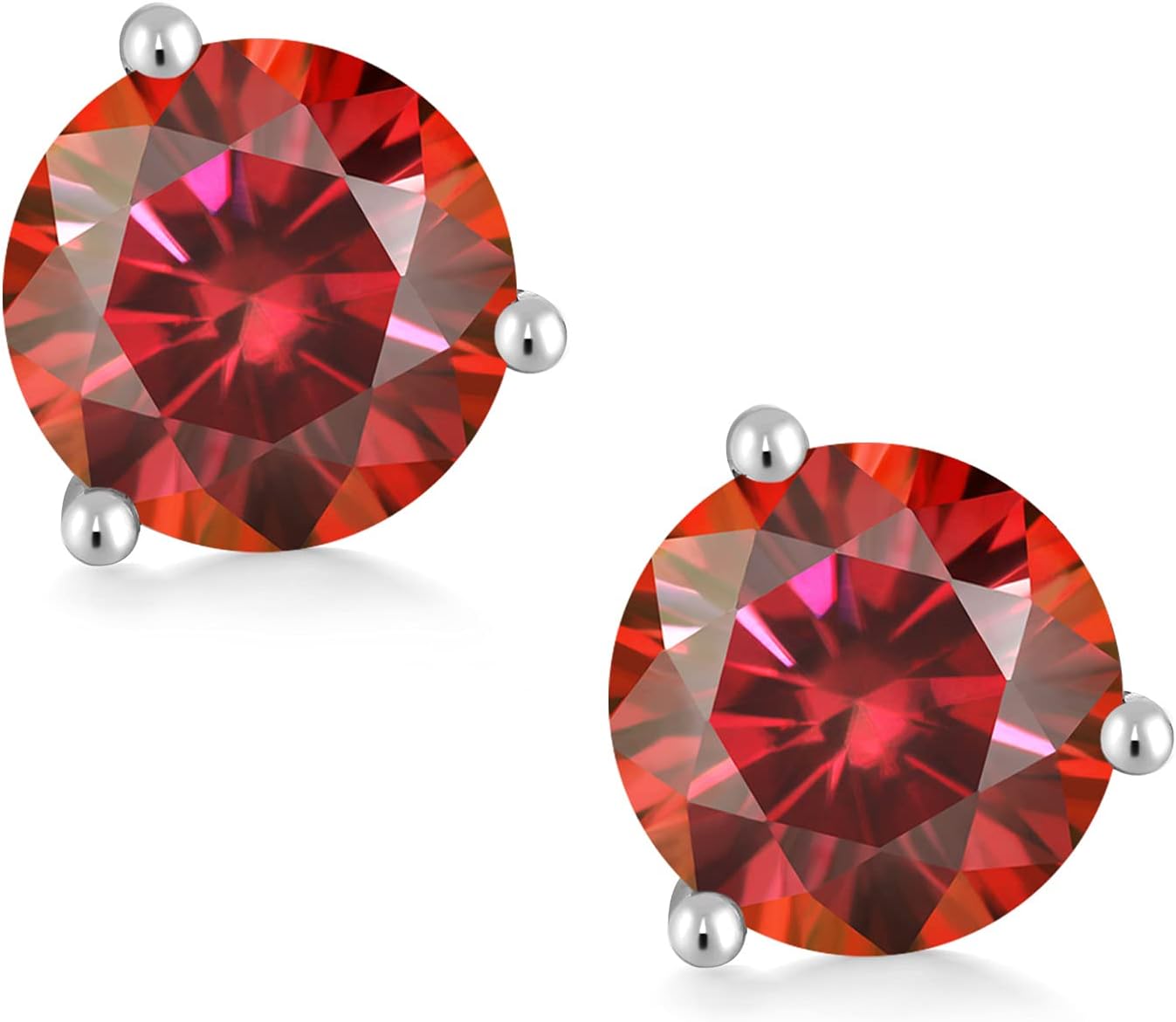 Gem Stone King 18K White Gold Martini Setting Stud Earrings For Women Men Round Red Moissanite (2.00 Cttw) - Image 2