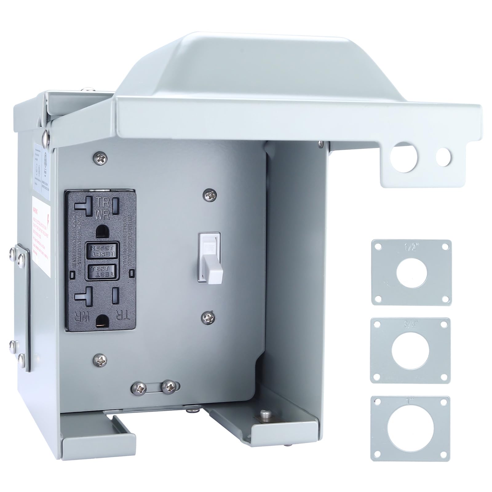 RealPlus Outdoor Electrical Outlet Box, 20 AMP WRTR GFCI Receptacle and Switch, Waterproof 3R Enclosure, Metal Outdoor Power Outlet Box Pre-Drilled, ETL Listed