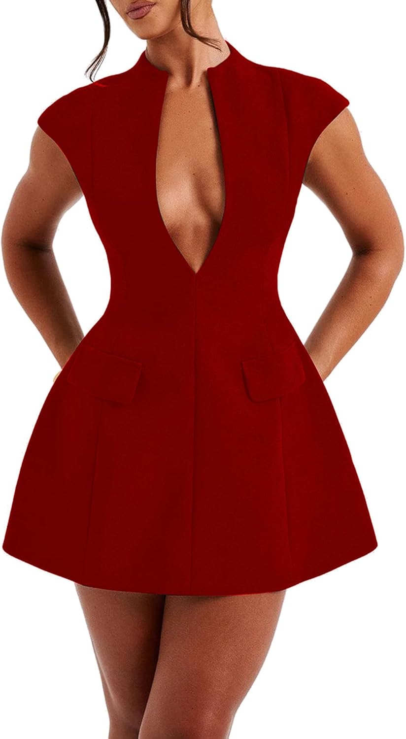 LuFeng Women's Summer Sexy Cap Sleeve Deep V Neck Zipper A-line Mini Dress Hollow Bodycon Night Out Party Dress - Image 2