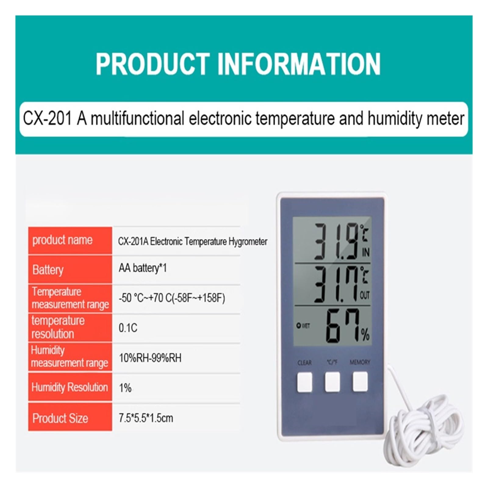 Termoigrometro Termometro Digitale Igrometro Misuratore di umidità della Temperatura Interna ed Esterna C/F Display LCD Sensore sonda Stazione meteorologica