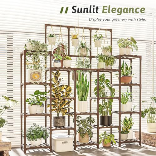 Image of Snazzy Wood Plant Stand Indoor Outdoor 63 inch Tall Plant Shelf for Plants 14-Tier Large Plant Sheves for Living Room Rack Garden Balcony Patio Hanging Planter