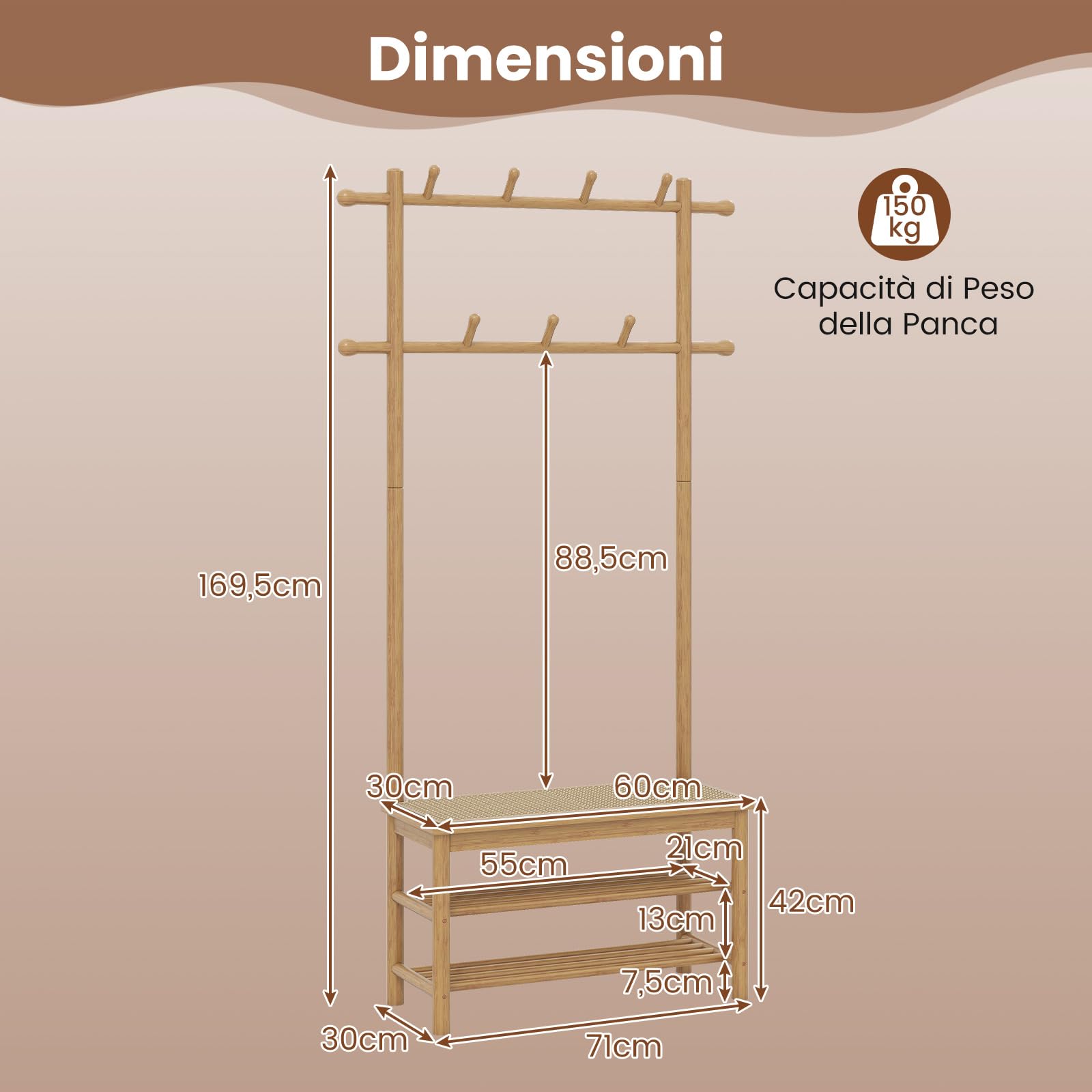 COSTWAY 3 in 1 Appendiabiti da Terra in Bambù, Appendiabiti Salvaspazio con Scarpiera a 2 Ripiani, Panca in Rattan PE e 11 Ganci Arrotondati, Mobile Ingresso, 71 x 30 x 169,5 cm (Naturale)