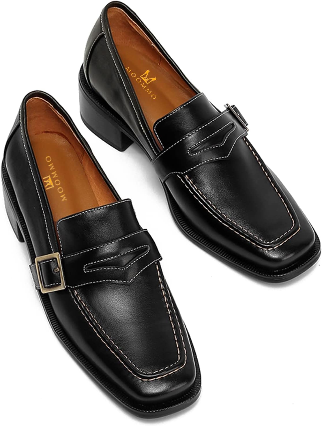 MOOMMO Women Classic Penny Loafers Closed Square Toe Patent Low Heel Loafers Slip On Metal Buckle 2" Chunky Heel Comfy Office Ladies Classic Dress Loafer Shoes Size 4-9 M US