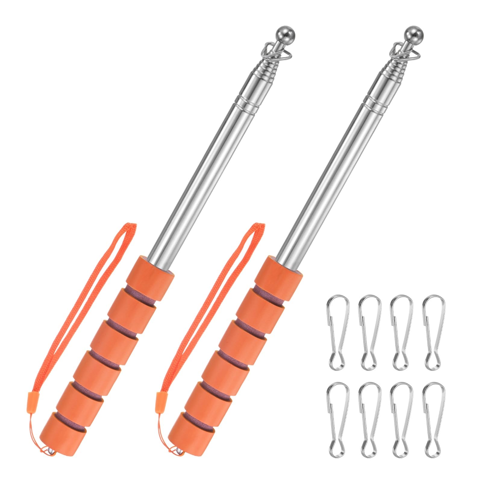 M METERXITY 2-Pack Telescopic Handheld Flagpoles, 6.6ft/2m Stainless Steel Handheld Portable Extendable Flagpole with Anti-Slip Grip for Guide/Teachers/Festival, Guide Flag Pole [Orange]