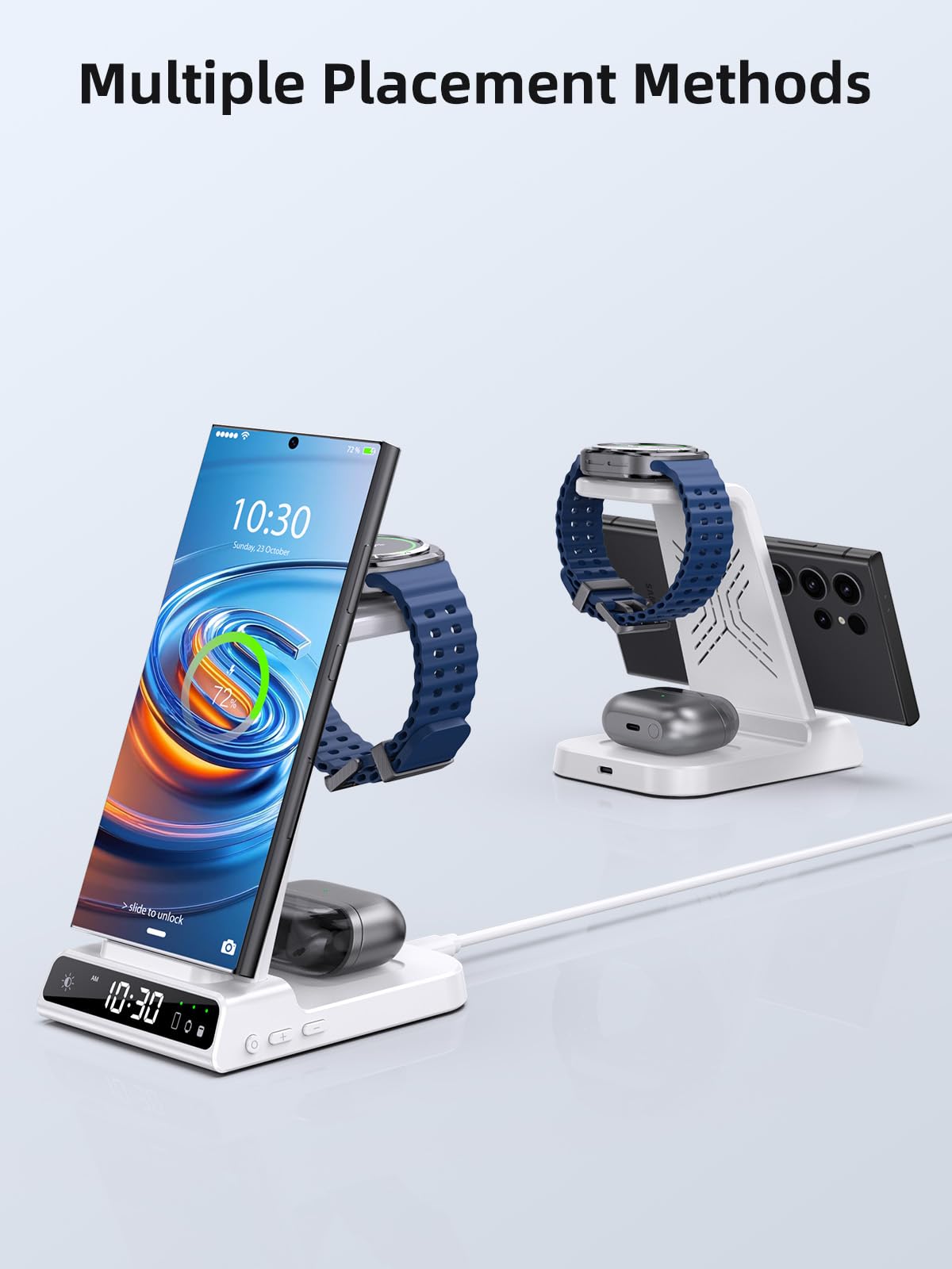 Caricatore Wireless Con Orologio Digitale per Samsung Galaxy S25 Ultra, Stazione di Ricarica Wireless per Galaxy Watch Ultra 8/7/6, Caricatore Wireless per S24 Ultra Z Fold 6/Z Flip 6,Galaxy Buds 2