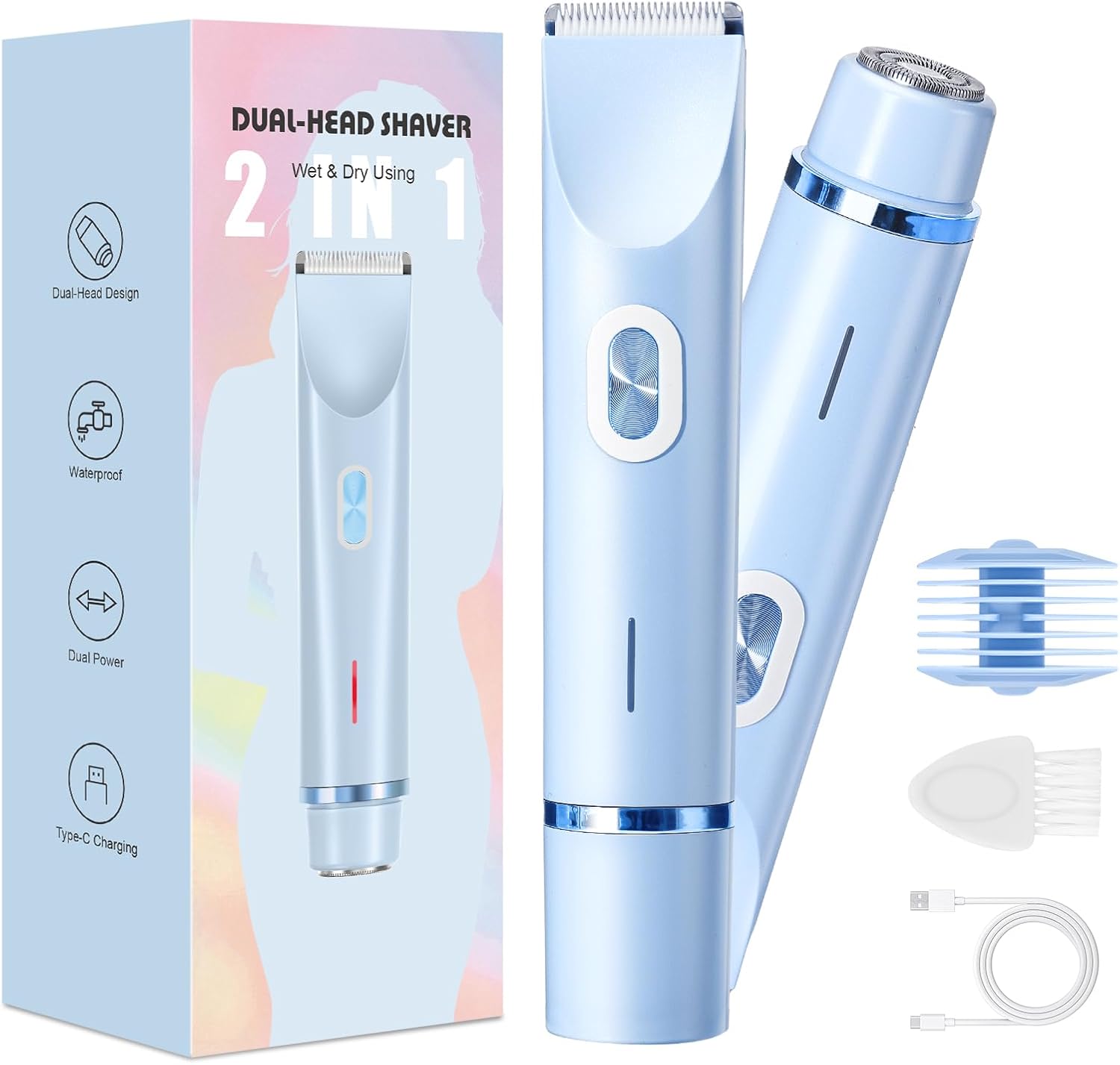 Rasierer Damen,2-in-1 Doppelkopf Intimrasierer für Frauen mit USB-C-Laden, Damenrasierer Elektrisch für Gesicht, Beine und Arme, Bikini trimmer mit Wasserdichter Trimmerkopf, Leicht zu Reinigen(blue)