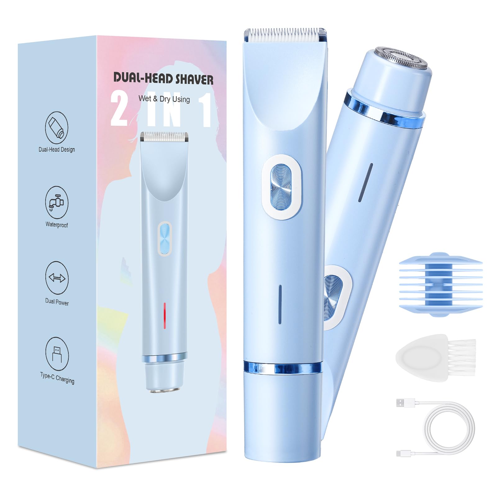Rasoio intimo da donna, 2 in 1 Dual Head Shaver con ricarica USB-C, rasoio elettrico da donna per viso, gambe e braccia, rasoio da donna con testa di taglio impermeabile, facile da pulire