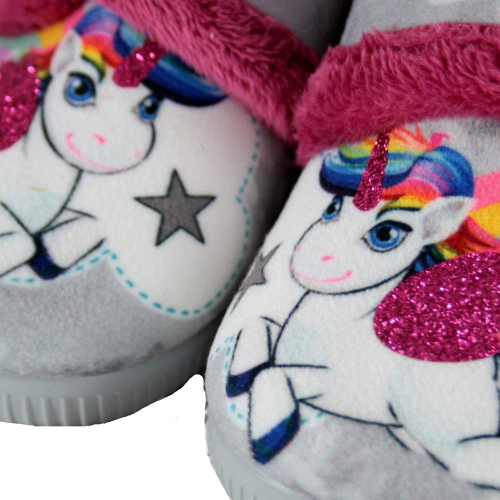 Vulcabicha 1090 - Zapatillas de Estar Infantiles Cerradas con Adhesivo Textil Grises con Dibujo de Unicornio y Purpurina