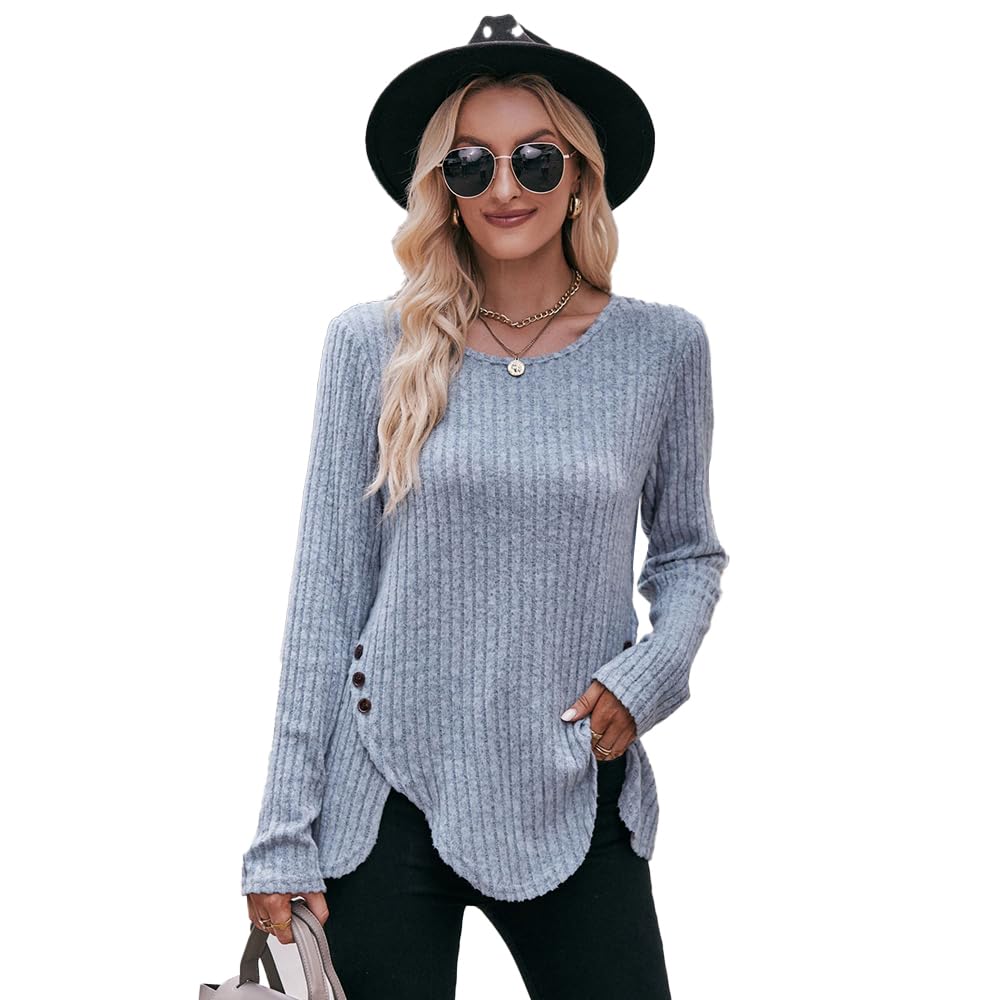 Fast Fashion Minimalist Round Neck Solid Color Button Cross Knit Top for Women Slim Fit Long Sleeve Autumn