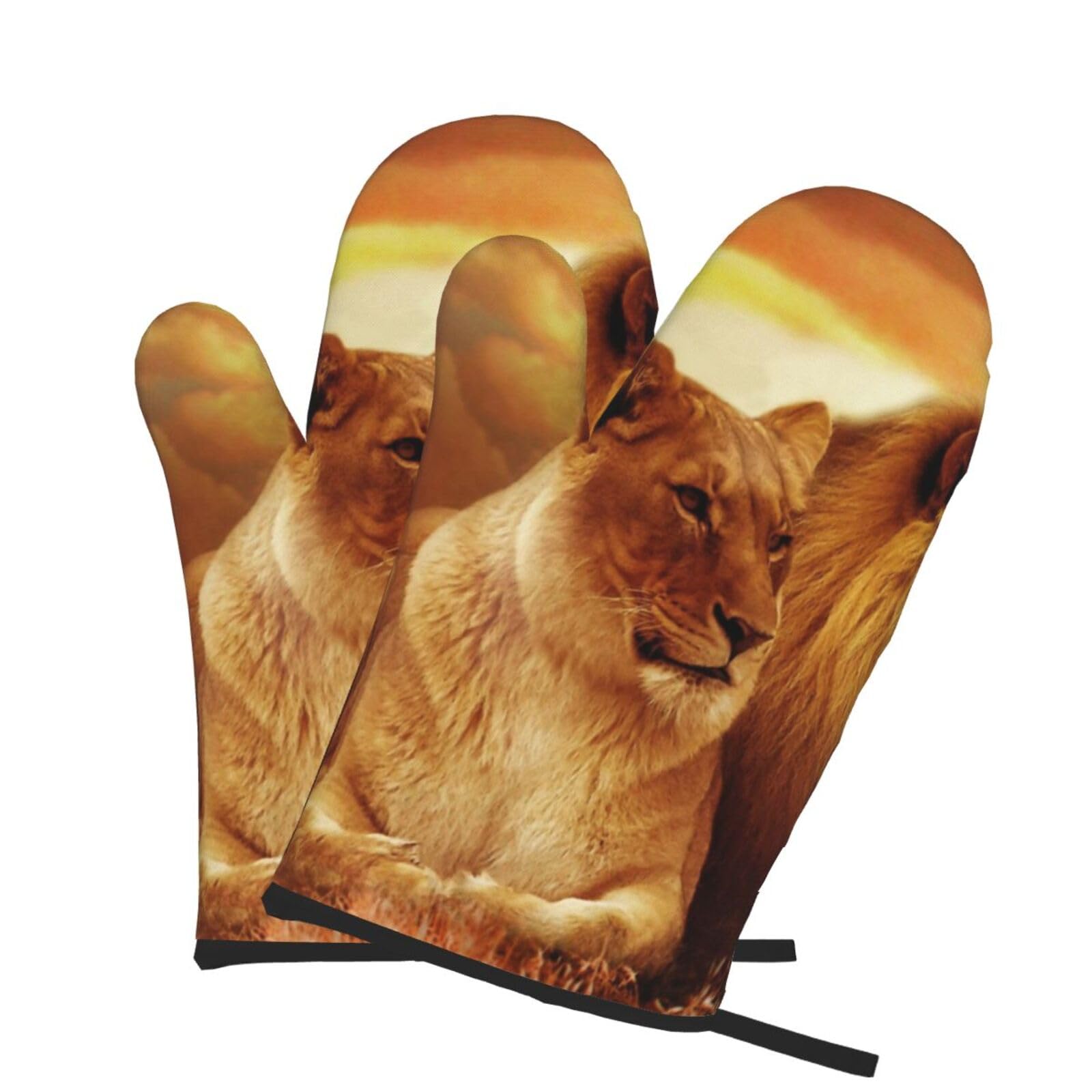 Oven Mitts Set of 2 Pcs, African Lion and Lioness Prints Heat Resistant Kitchen Gloves for Cooking Baking Grilling