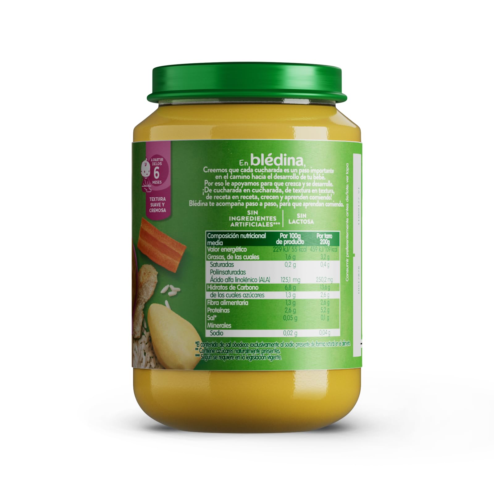 Blédina Tarrito de Crema de Verdura y Pollo para Bebé. Tarrito Bledina Fuente de Omega 3, Sin Sal Ni Azúcares Añadidos y Sin Gluten. Desde los 6 Meses, 200g