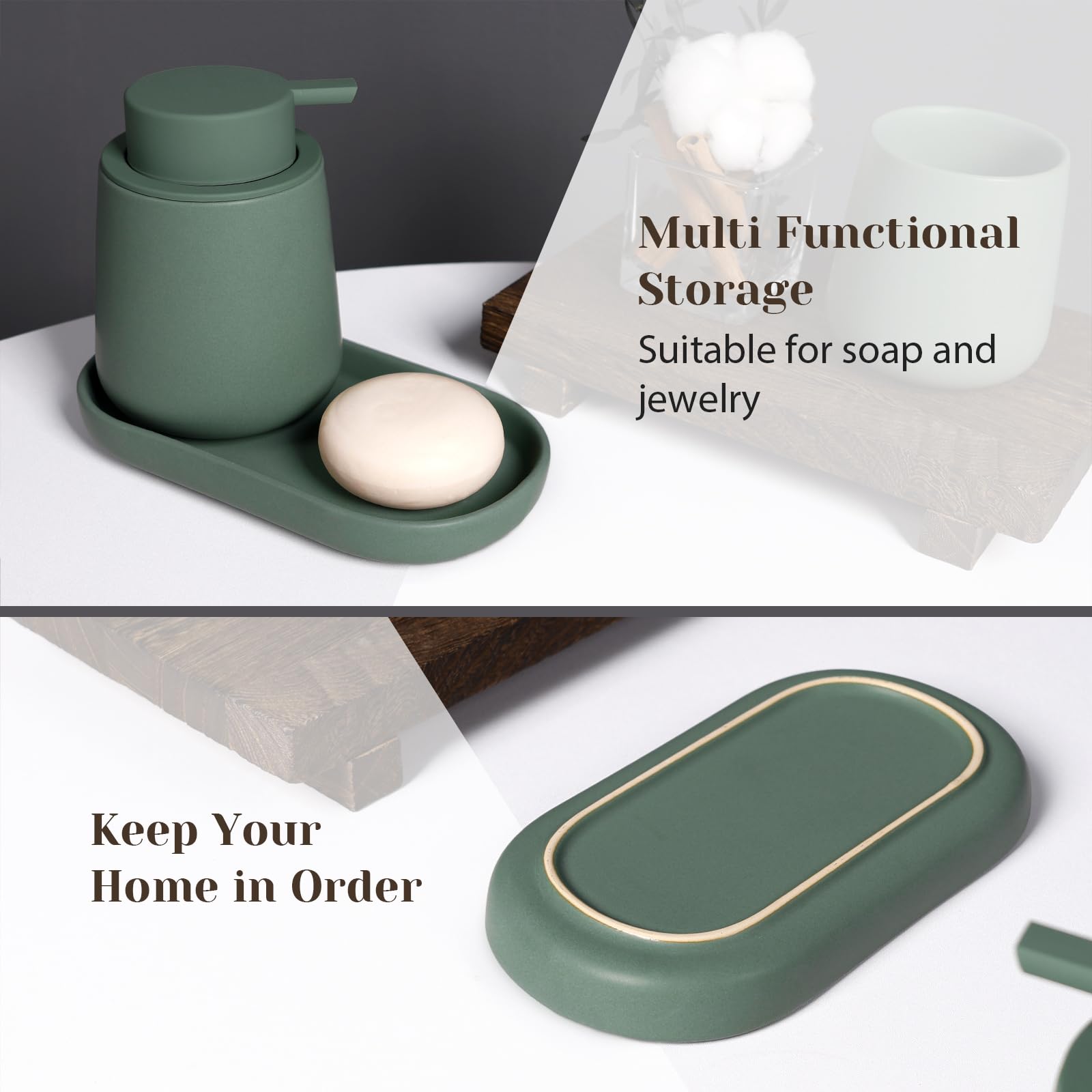 INGOFIN Juego de accesorios de baño de cerámica de 3 piezas, dispensador de jabón líquido, soporte para cepillo de dientes y bandeja, esenciales para encimera para el hogar, baño de invitados u