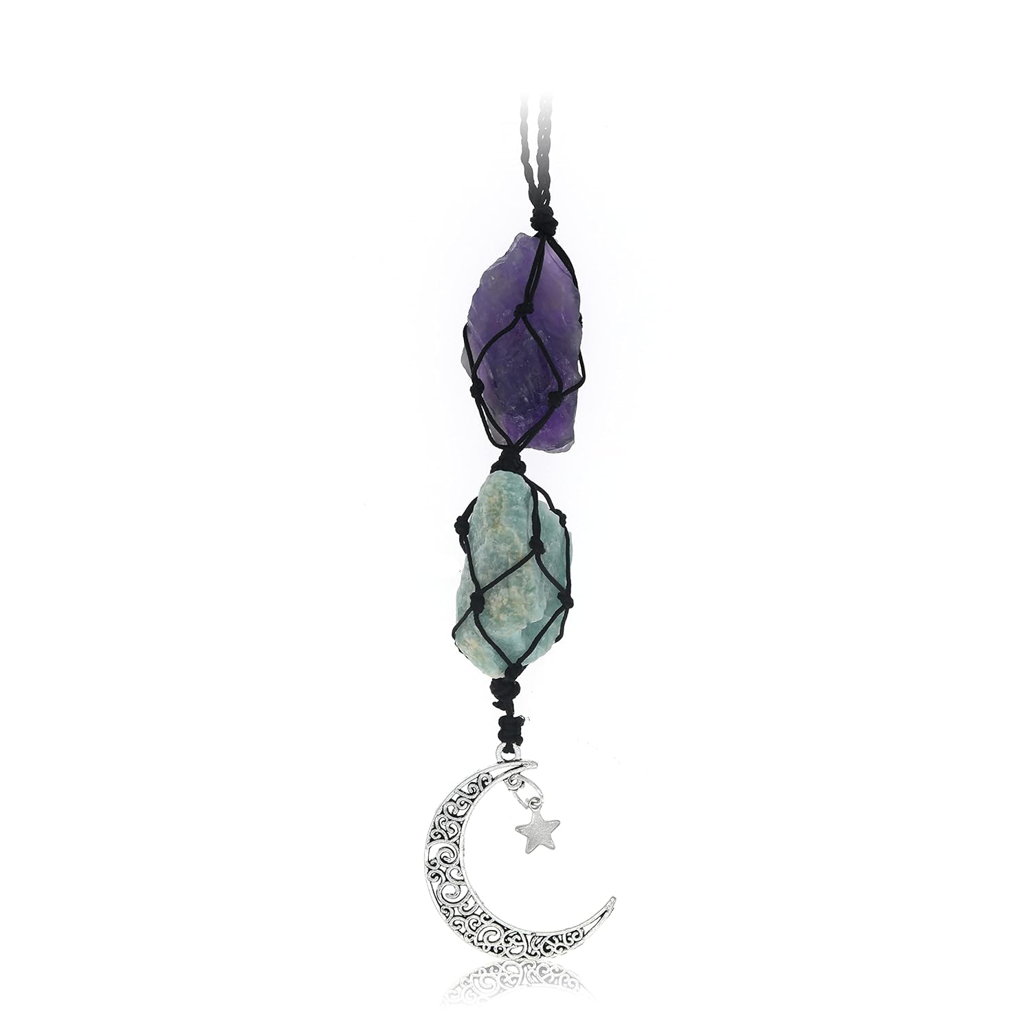 BOHO GARDEN Hanging Car Charm - Amethyst Amazonite - Dangling Moon Healing Crystal Accessories Rearview Mirror Decorations -