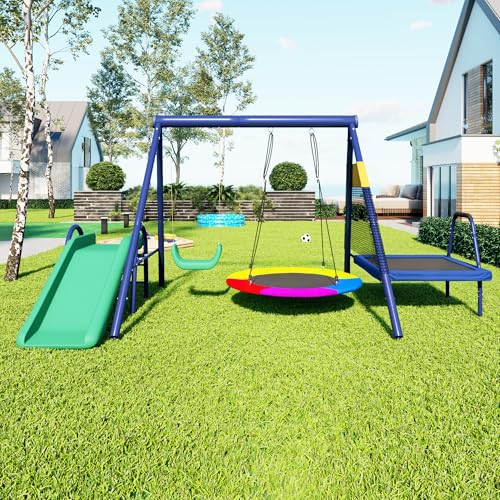 Juego de columpio multifuncional para exteriores – con tobogán, cama elástica, columpio nido y columpio de plástico, altura ajustable, dispositivo de juego ideal para niños (3-8 años) (azul antiguo)