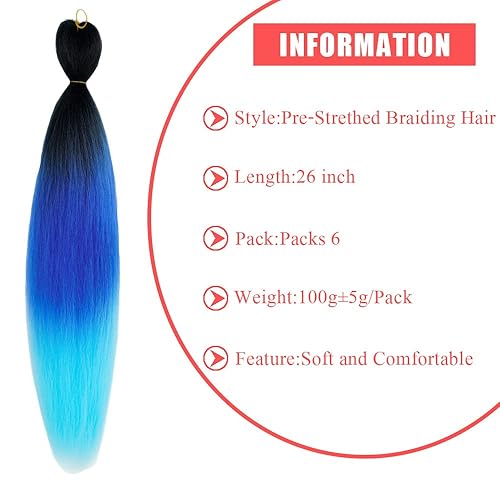 Miniatura 3 de Extensiones de cabello trenzado preestiradas de 26 pulgadas, 6 piezas, cabello trenzado de ganchillo profesional para trenzas de caja, extensiones