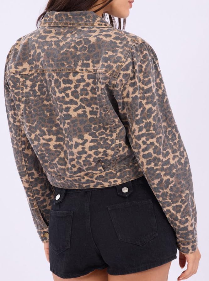 Women's Lightweight No Stretch Animal Print Retro Shape Button-up Front Cropped Jacket