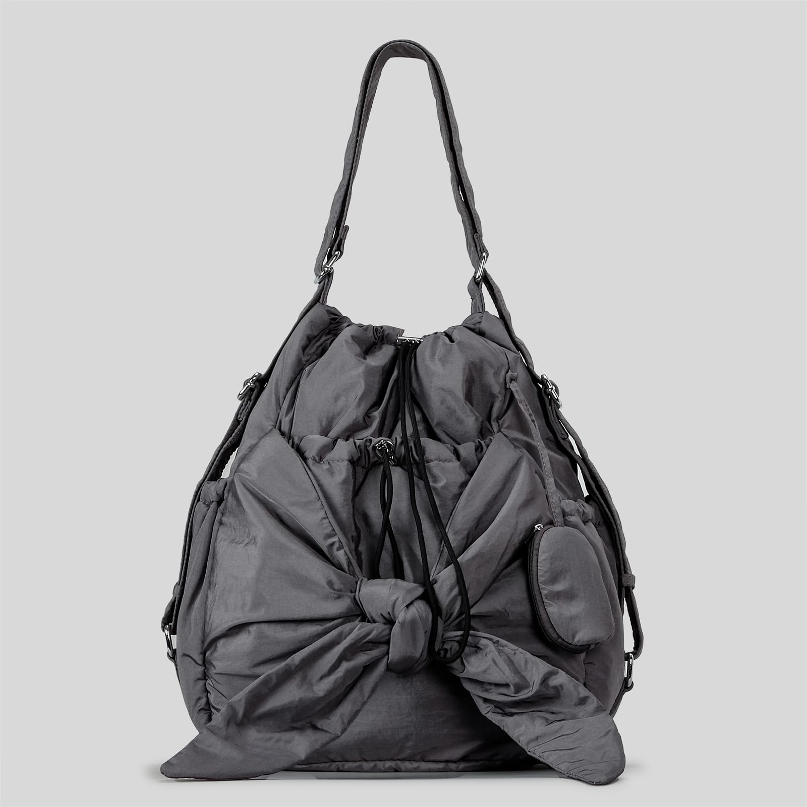 Borsa A Tracolla In Nylon Da Donna Casual A Secchiello Con Coulisse Tasche Multiple E Tracolla Regolabile. Coulisse Alla