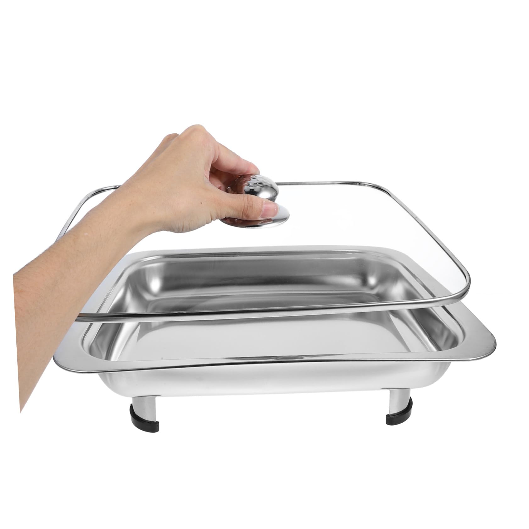 Happyyami Plateau de Buffet Plat Rectangulaire 41x25 Cm Acier Inoxydable avec Couvercle Verre Service Restauration la Cuisine Cantine Professionnel